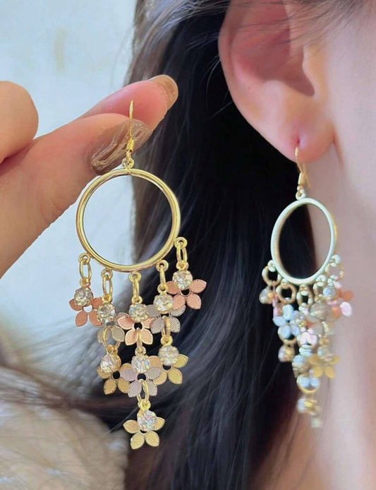 Floral Tassel Rhinestone Earrings