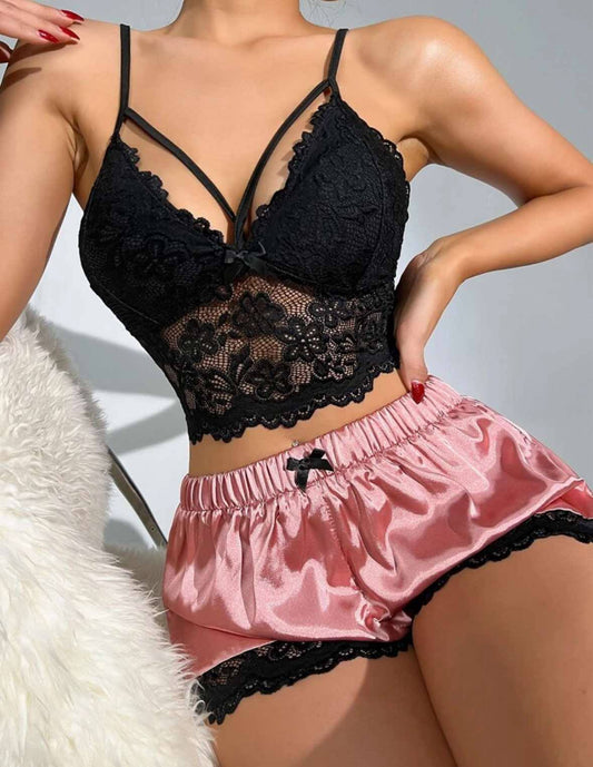 Elegance in Bloom Lace Bralette and Satin Short Set