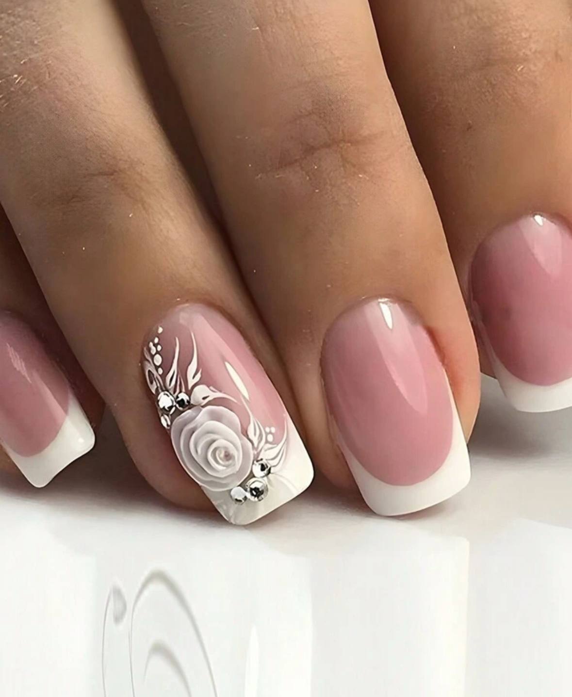 Rose and Rhinestone French Tip Nails