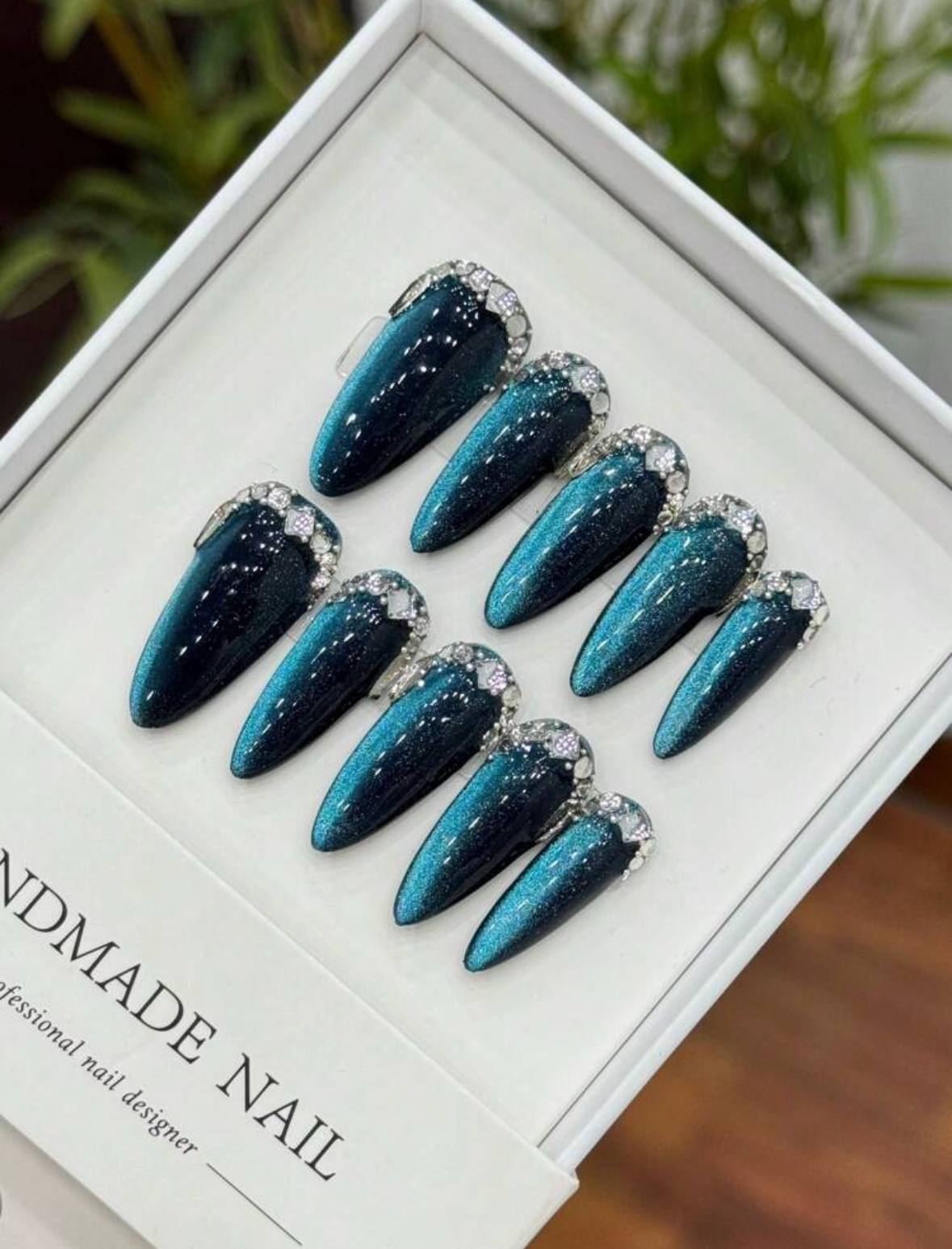 Handmade Navy Rhinestone Nails