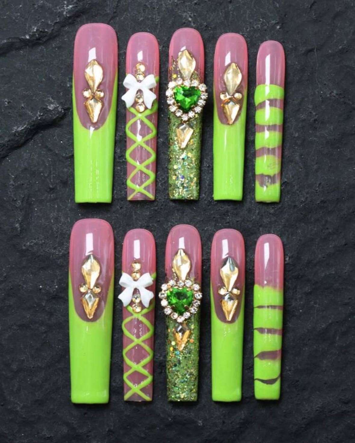 Neon Green And Bling Handmade Nail Set
