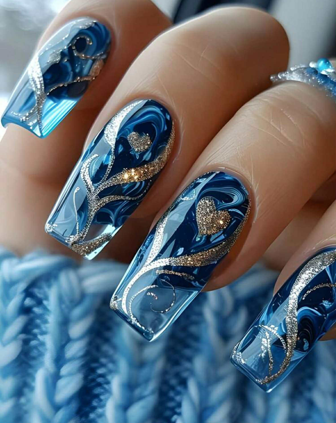 Blue and Gold Glitter Nails