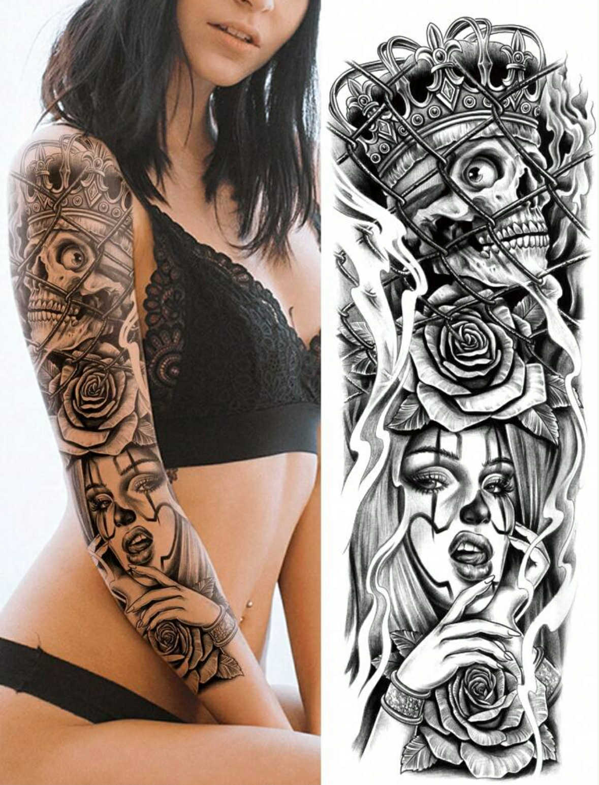 XL Full Sleeve Skull Rose Temporary Tattoo