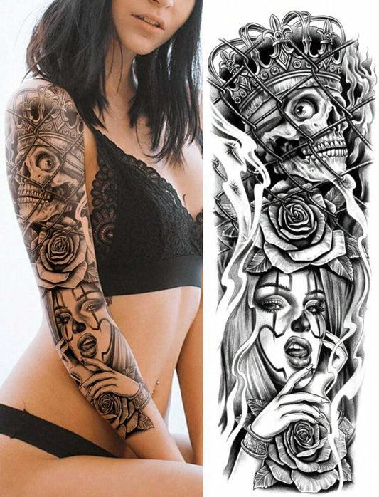 XL Full Sleeve Skull Rose Temporary Tattoo