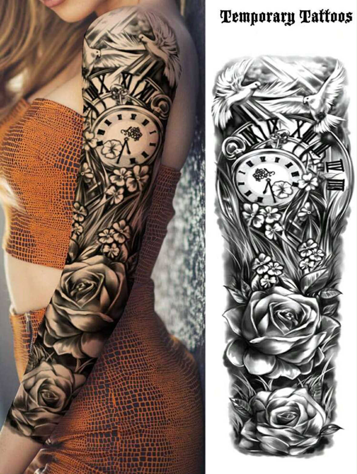 Full Sleeve Clock And Flower Temporary Tattoo