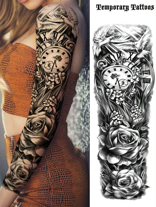 Full Sleeve Clock And Flower Temporary Tattoo