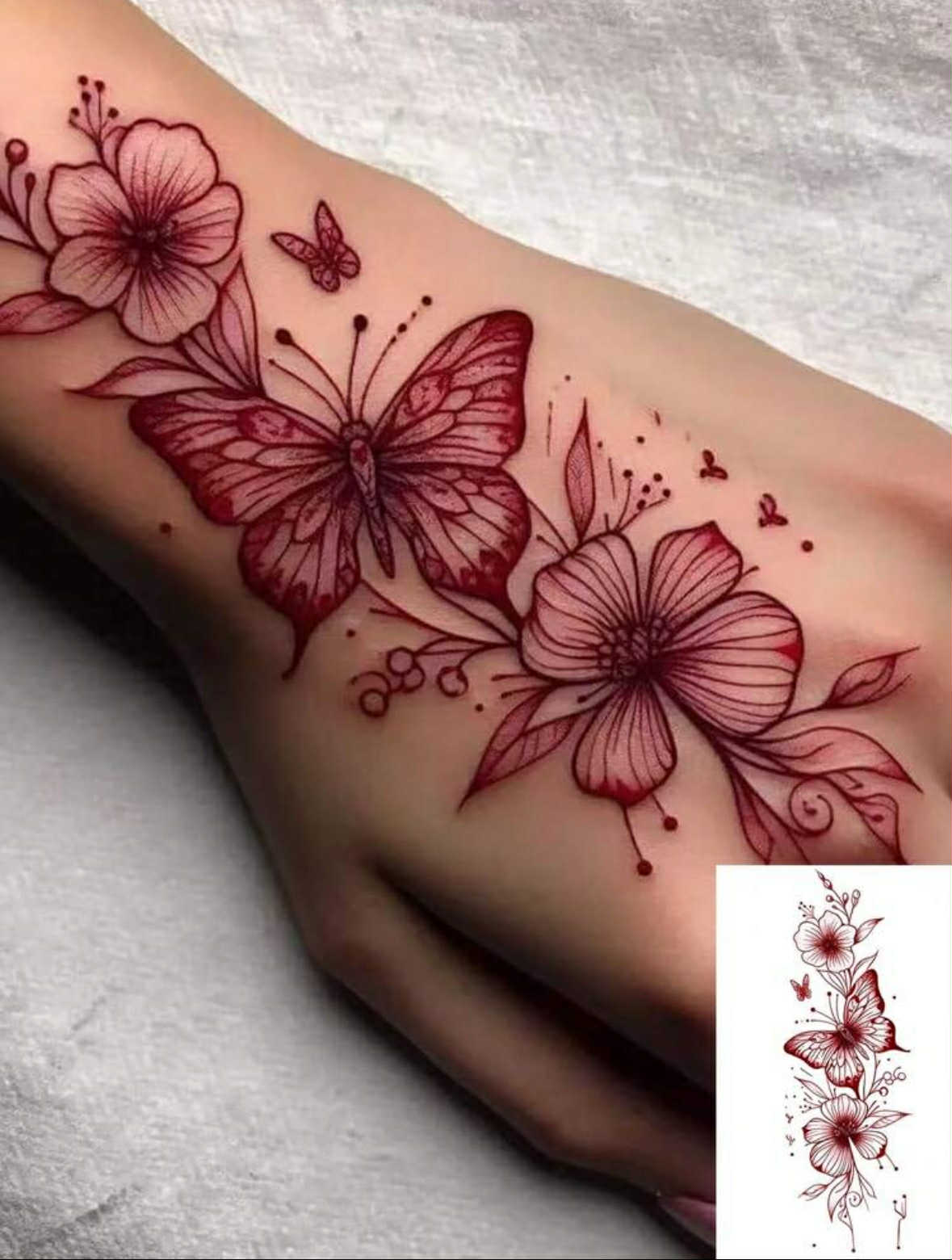 2 Piece Red Flower and Butterfly Temporary Tattoo