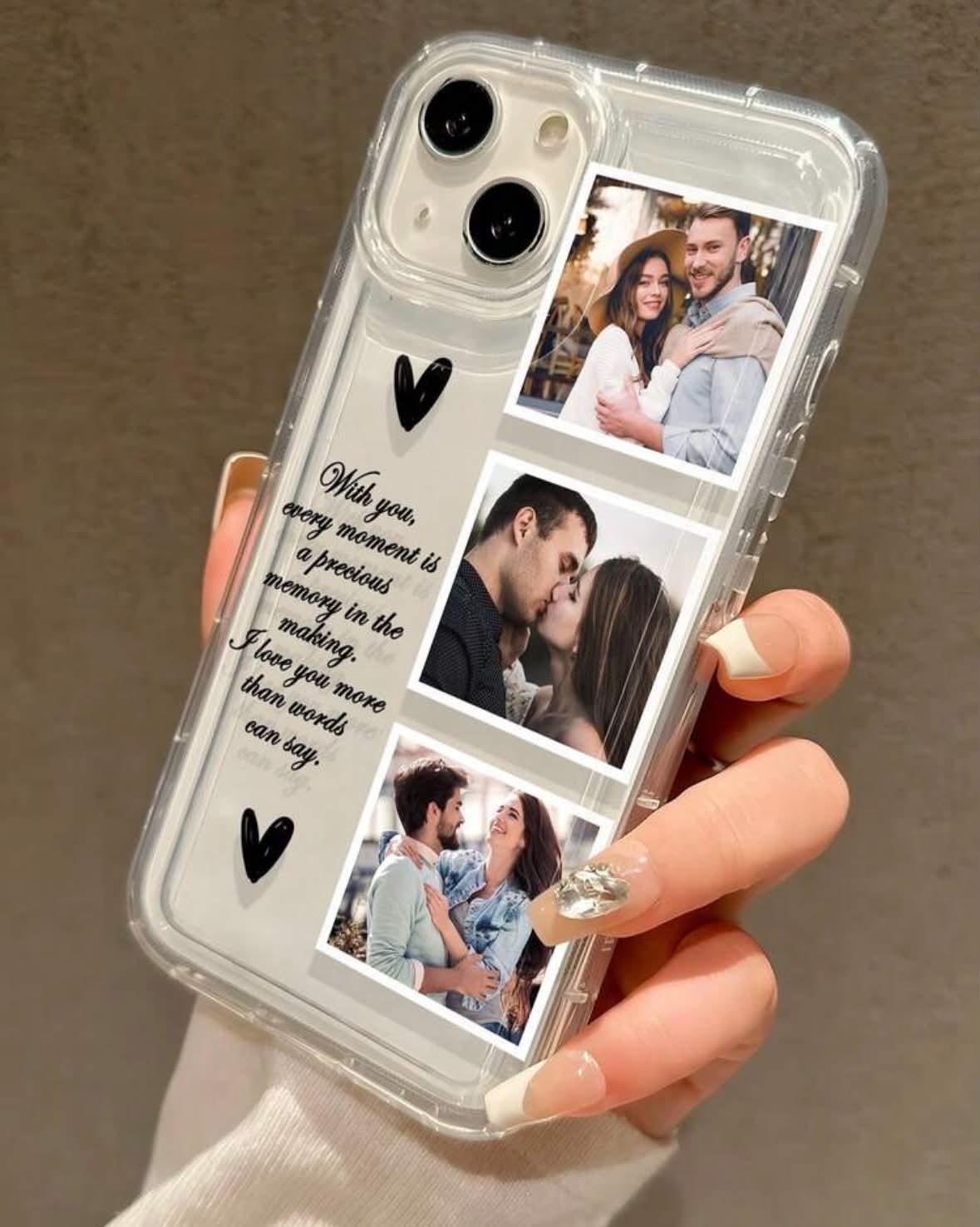 Custom 3‑Photo Collage Romantic Quote Clear Phone Case 