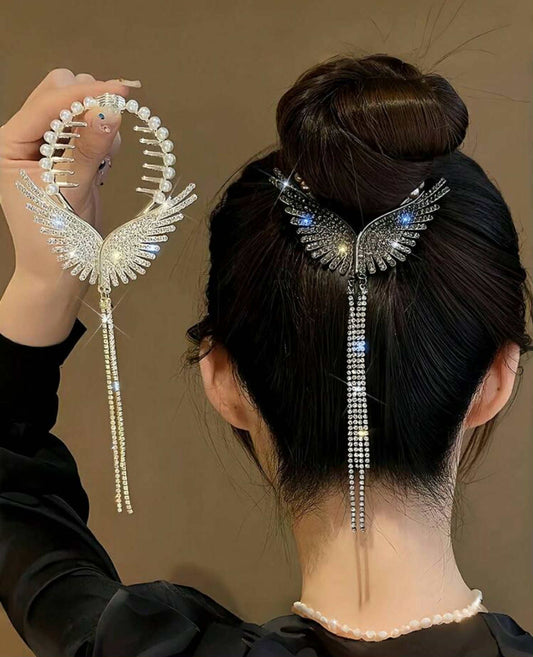 Wing Pearl and Rhinestone Tassel Hairclip