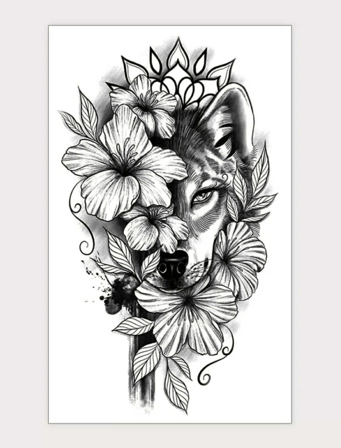 Flower and Wolf Temporary Tattoo