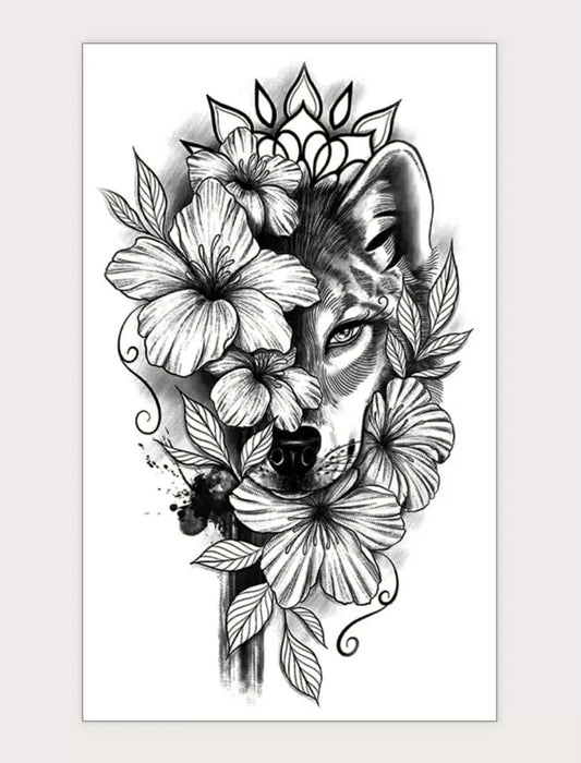 Flower and Wolf Temporary Tattoo