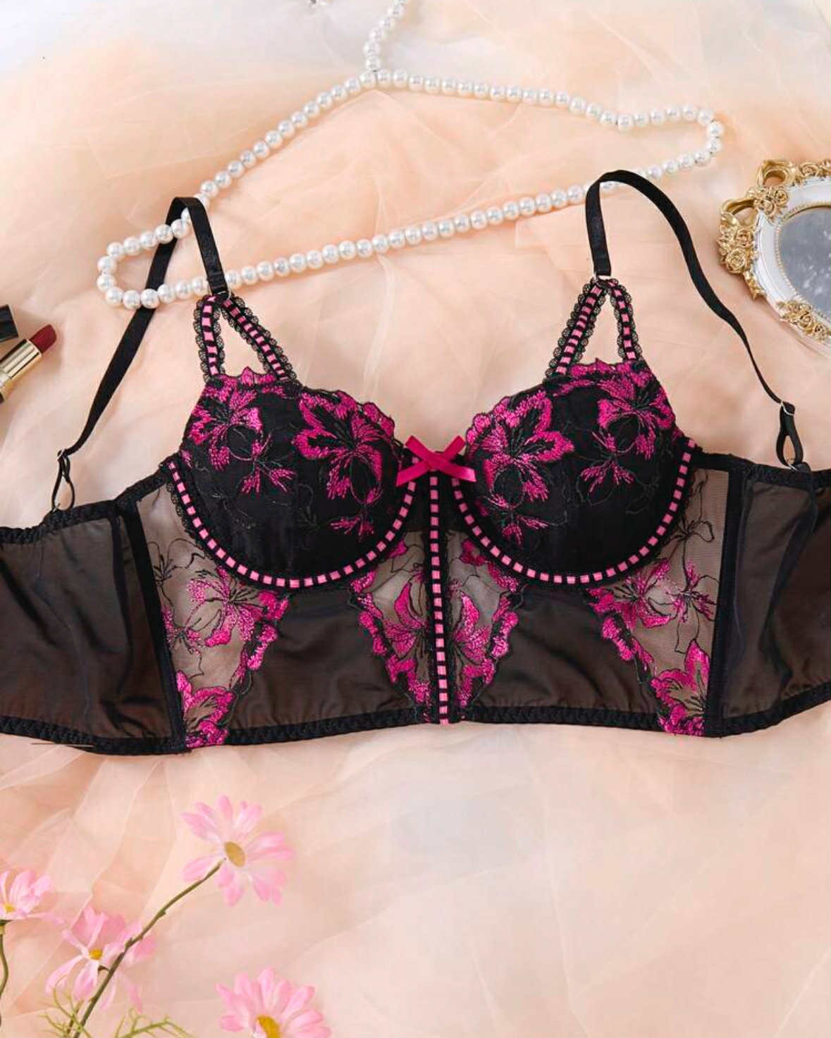 Black with Pink Floral Sheer Bra