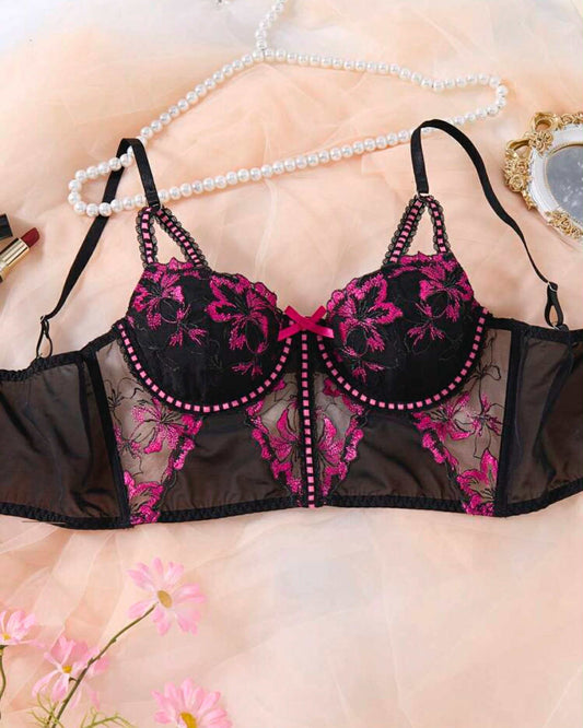 Black with Pink Floral Sheer Bra
