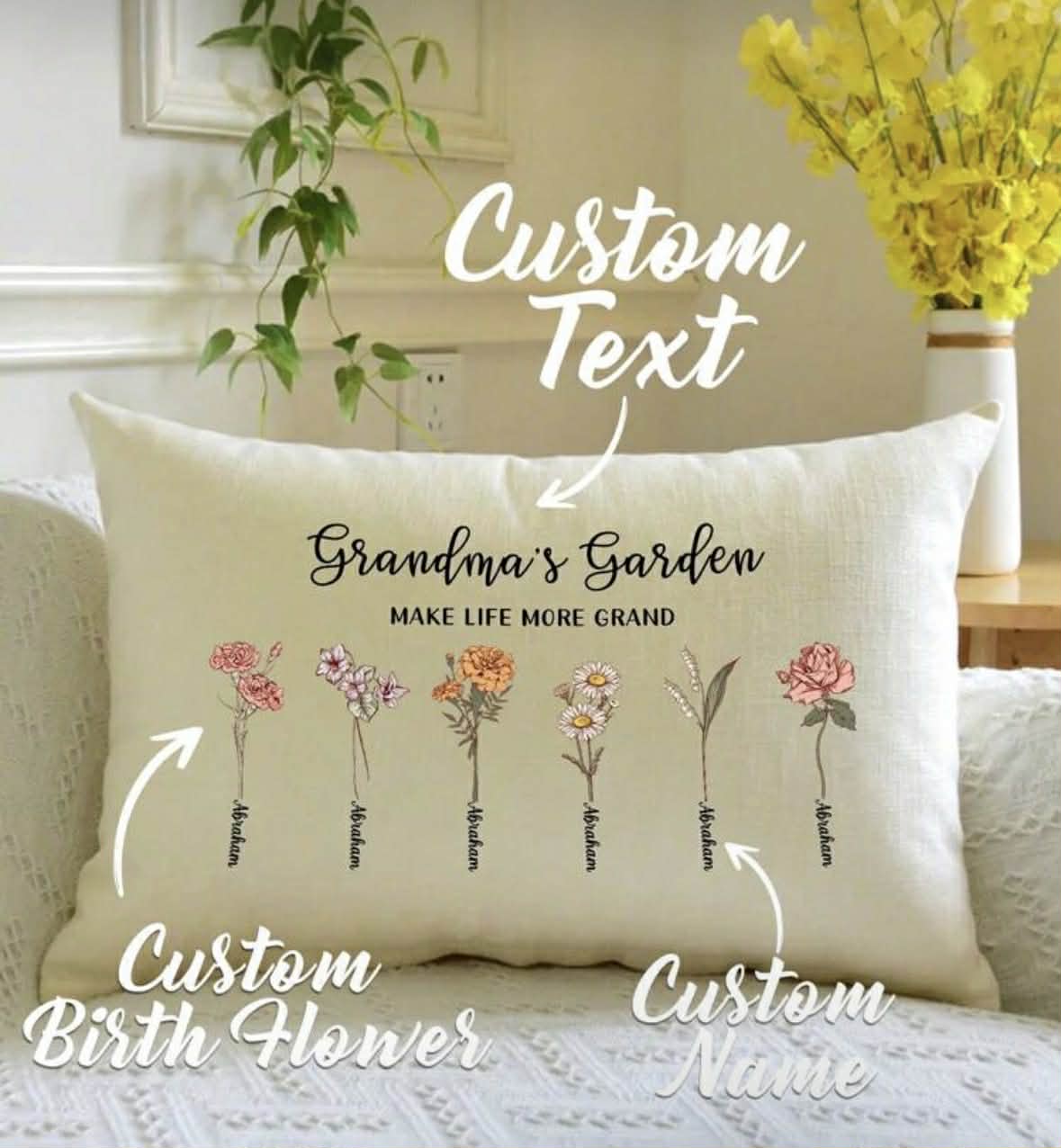 Custom Birth Flower & Name Cushion Cover