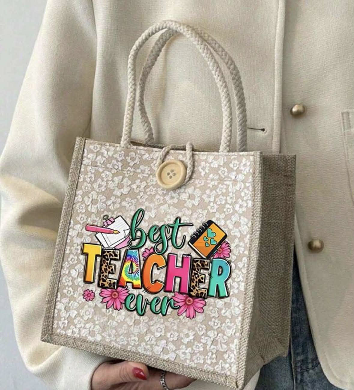 Best Teacher Ever Floral Tote Bag