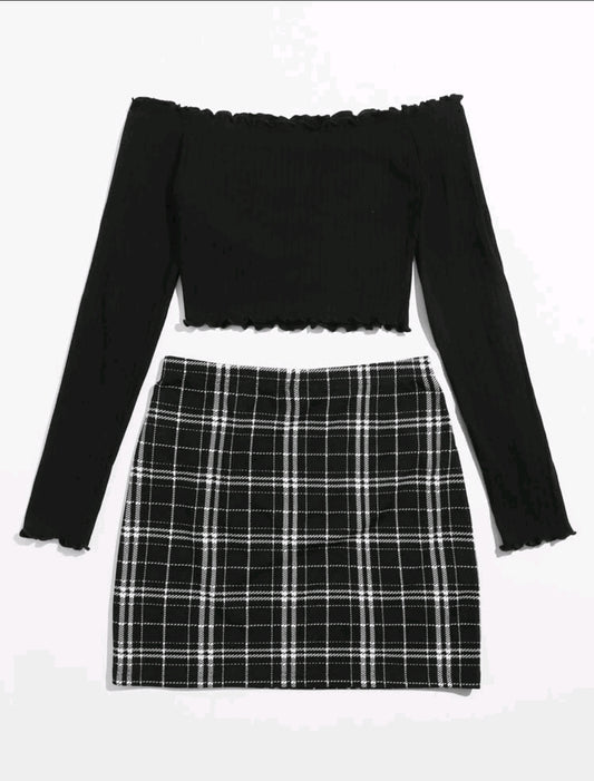 Black Crop Tee and Tartan Skirt Set