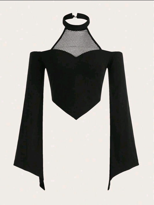 Cold Shoulder Contrast Mesh Tee