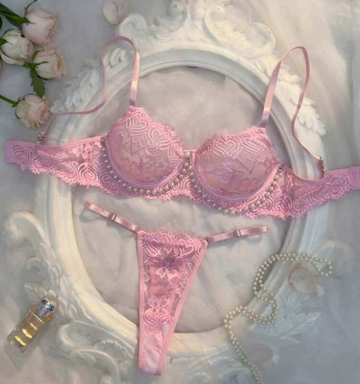 Pink Heart Lace & Pearl Lingerie Set
