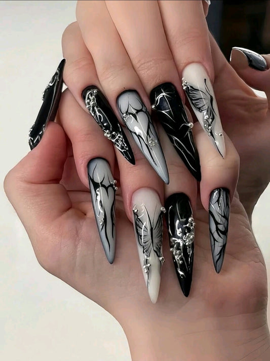 Black And White Long Nails