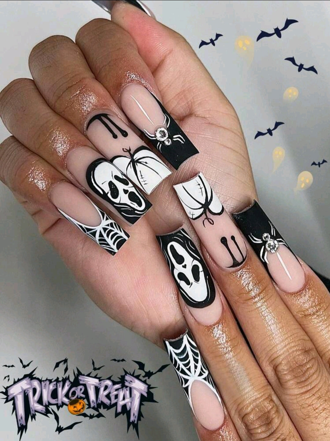Black and White Ghost Face Nails