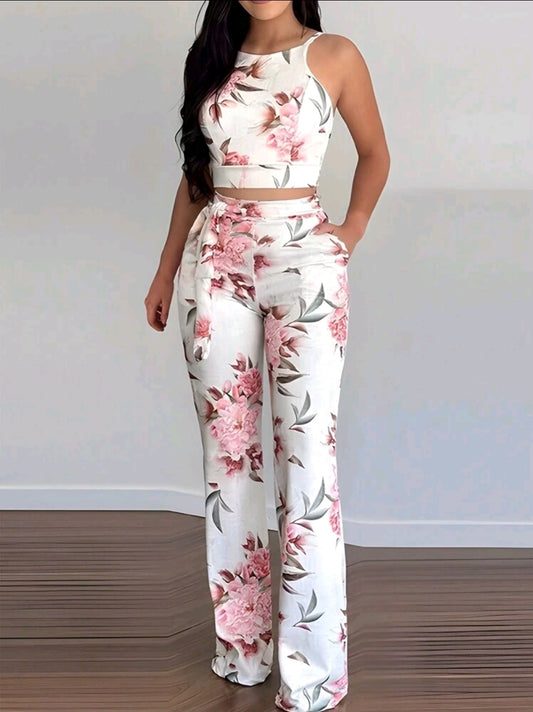 Floral Print Cami Crop and Bottoms Set