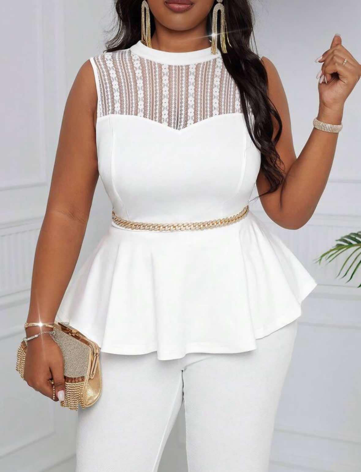 Curve White Lace Waist Clinching Sleeveless Top