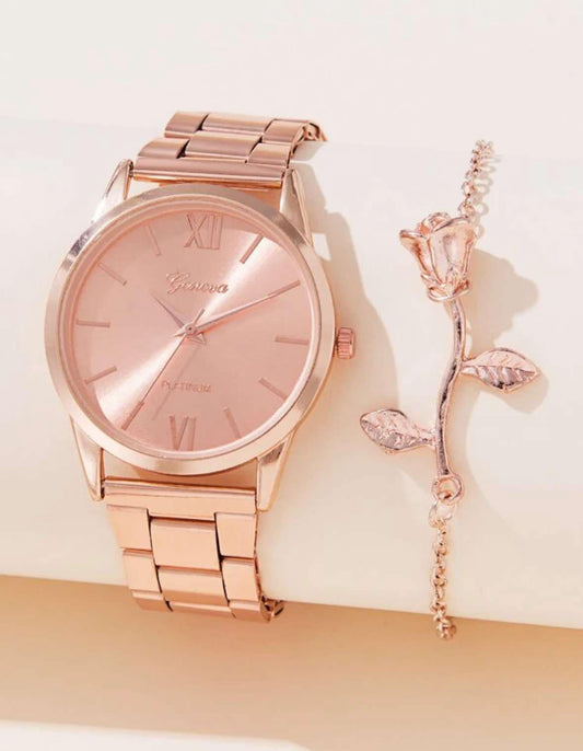 Geneva Rose Gold Watch and Flower Decor
