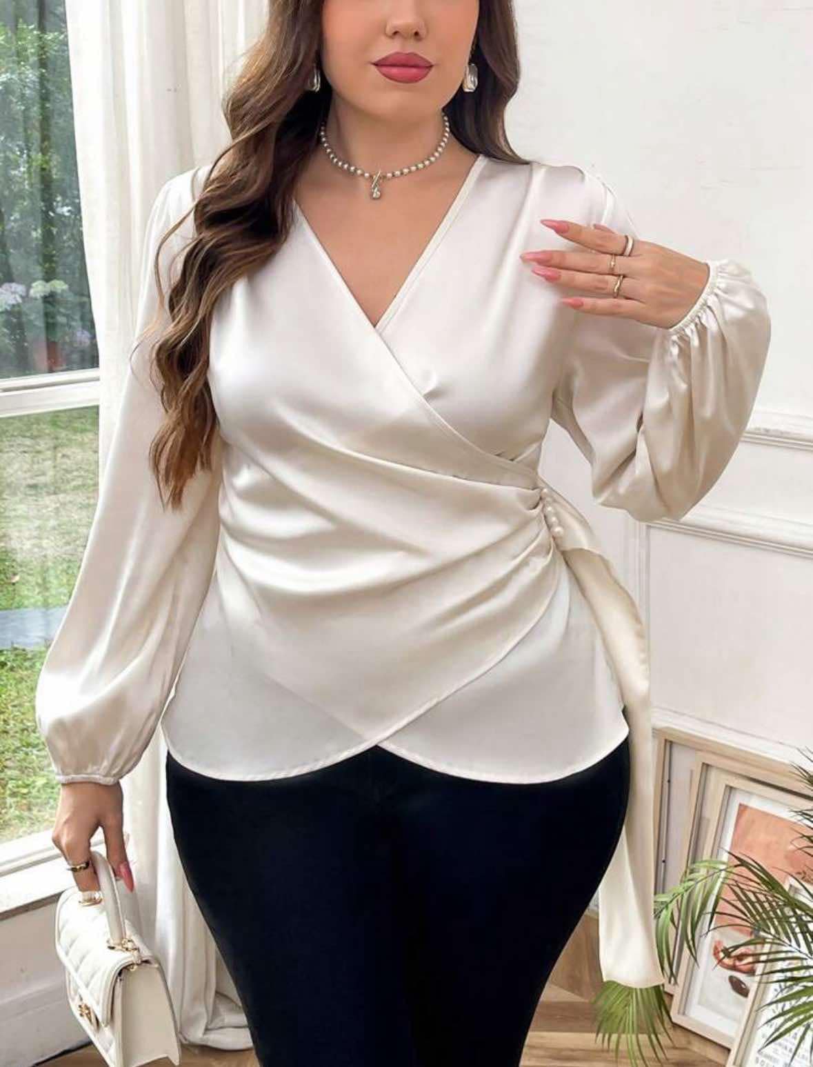 Apricot Vneck Pearl Bead Wrap Top