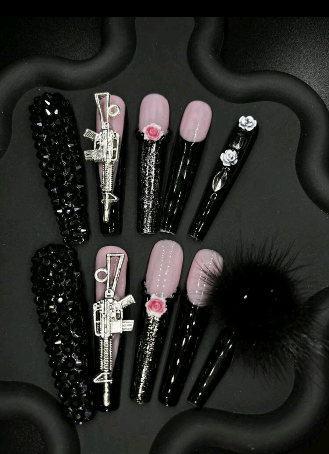 10 Extra Long Pink And Black Press On Nails