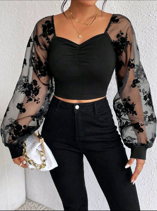 Black Floral Mesh Sleeve Top