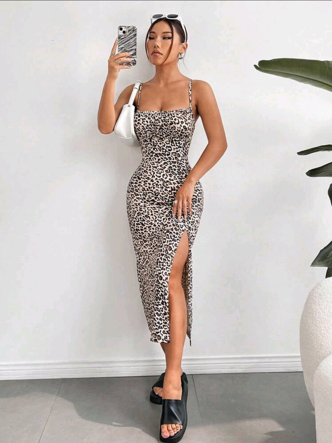 Leopard Print Slit Thigh Cami Dress
