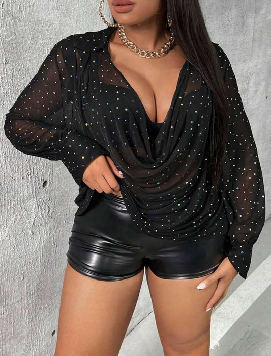 Curve Draped Collar Glitter Shirt