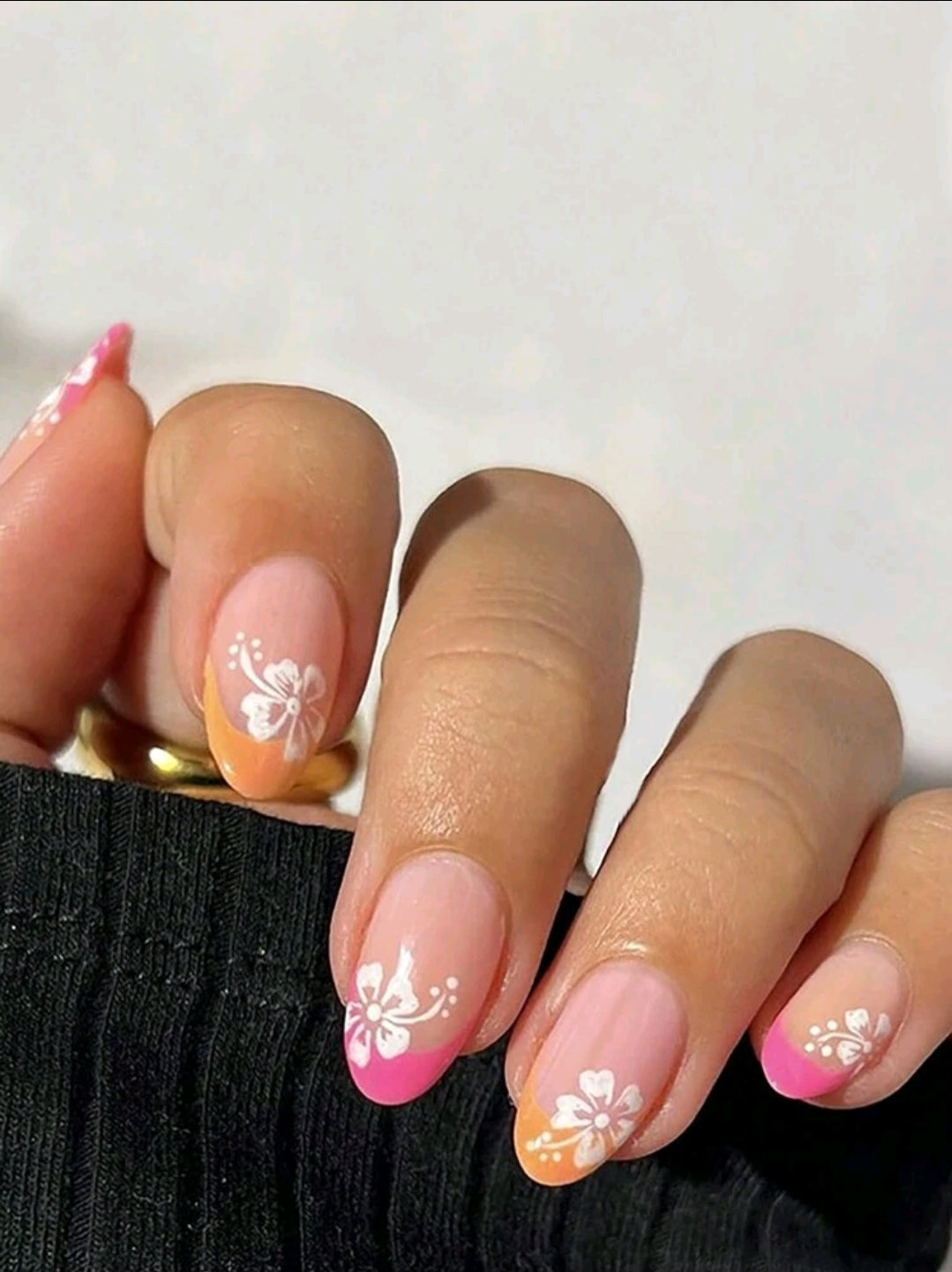 Pink and Orange Floral Nails