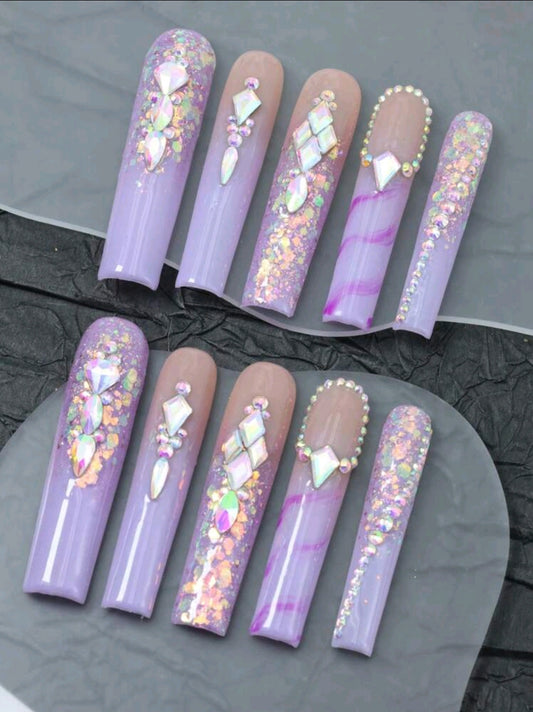 Purple Jewelled Extra Long Nails