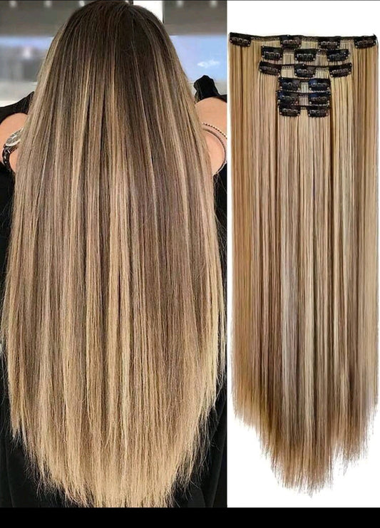 Synthetic Clip In 24 inch Chocolate Brown with Golden Blonde Hair Extensions